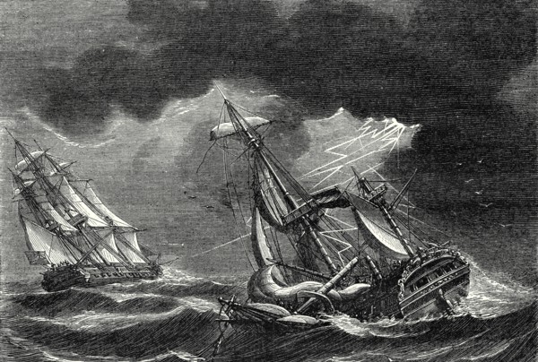 Le navire du capitaine Cook épargné, grâce à son paratonnerre, près d'un navire hollandais frappé