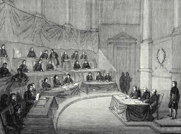 Alessandro Volta reads before the Academy of Science his memoir of the battery, in the presence of
