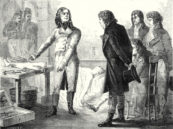 Larrey provoque, par le galvanisme, des contractions musculaires, sur un 
membre récemment amputé