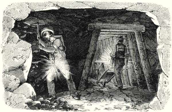 Lampe de mineur. Ouvriers mineurs au travail
