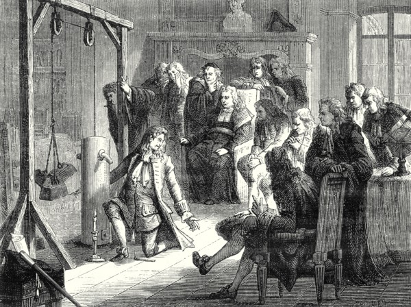 Papin conducts an experiment with his powder machine in front of the professors of the University