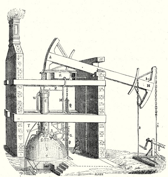 Newcomen steam engine, used in London in the eighteenth century, for the pumping up of water