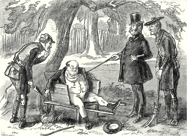 Pickwick Papers, "Who are you, you rascal?" said the captain, administering several pokes to Mr.