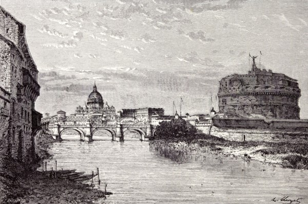 Rome Italy 1875, Mole of Adrian, banks of the Tiber between Ripetta and the Bridge od St. Angelo