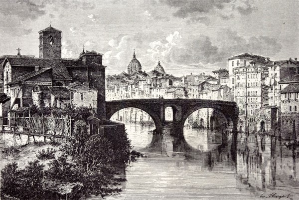 Rome Italy 1875, ISLAND OF THE TIBER,  ST.  BARTHOLOMEW, AND THE QUATTRO CAPI BRIDGE