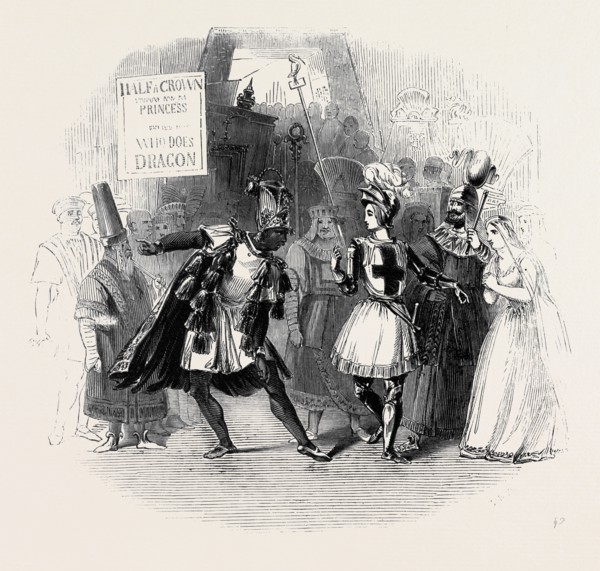 SCENE FROM THE BURLESQUE OF "ST. GEORGE AND THE DRAGON," AT THE ADELPHI THEATRE.
