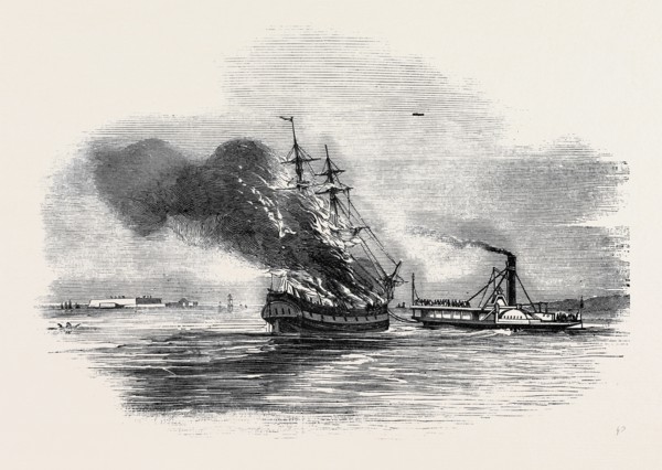 THE SHIP "LORD ASHBURTON" ON FIRE, CHARLESTON.