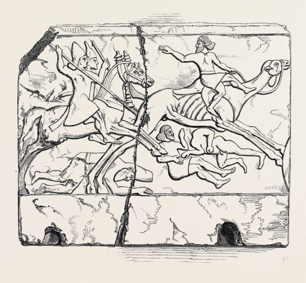 FLIGHT OF AN ARAB MOUNTED UPON A CAMEL; NIMROUD SCULPTURES, JUST RECEIVED AT THE BRITISH MUSEUM
