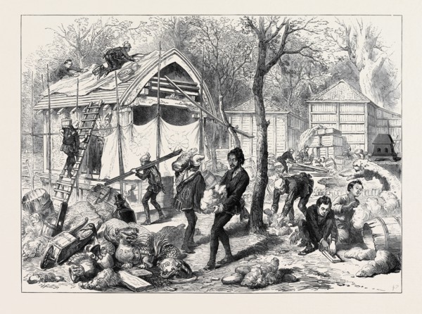 THE VIENNA UNIVERSAL EXHIBITION: JAPANESE WORKMEN BUILDING A JAPANESE VILLAGE, 1873