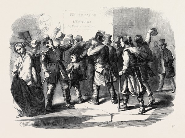 THE WAR IN ITALY, READING THE EMPEROR NAPOLEON'S PROCLAMATION, A STREET SCENE IN PARIS
