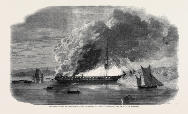 BURNING OF THE "EASTERN MONARCH" AT SPITHEAD, FROM A SKETCH TAKEN AT HASLAR HOSPITAL