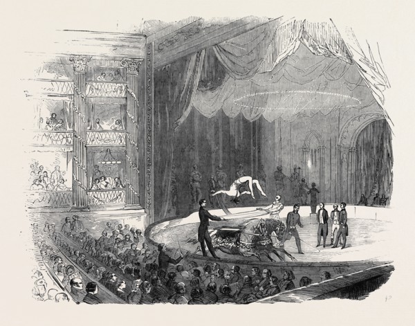 AMERICAN AND FRENCH EQUESTRIANS AT DRURY-LANE THEATRE, MR. M'COLLUM'S FEAT ON TWO HORSES