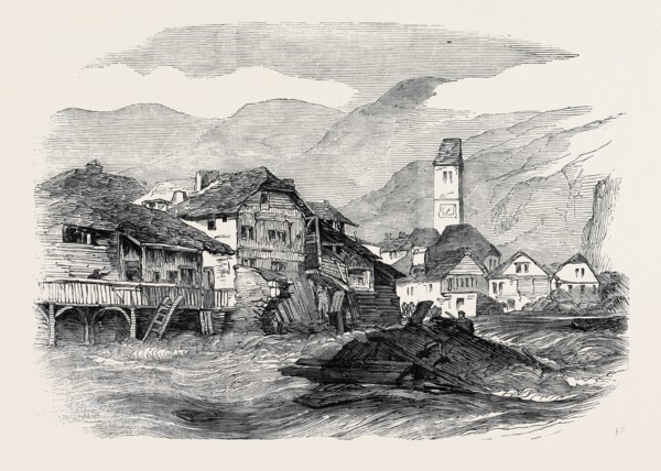 INUNDATION OF THE RIVER AAR, AT UNTERSEEN, SWITZERLAND, ON AUGUST 1, REMAINS OF HOUSES ABOVE THE