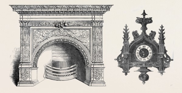 LEFT: STOVE, BY MESSRS. CARR AND ROBERTSON, SHEFFIELD; RIGHT: GOTHIC CLOCK, BY TAHAN, PARIS, THE
