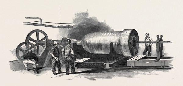 BORING THE CYLINDER OF THE "BRITANNIA PRESS," AT THE BANK QUAY FOUNDRY, WARRINGTON, CYLINDRER OF