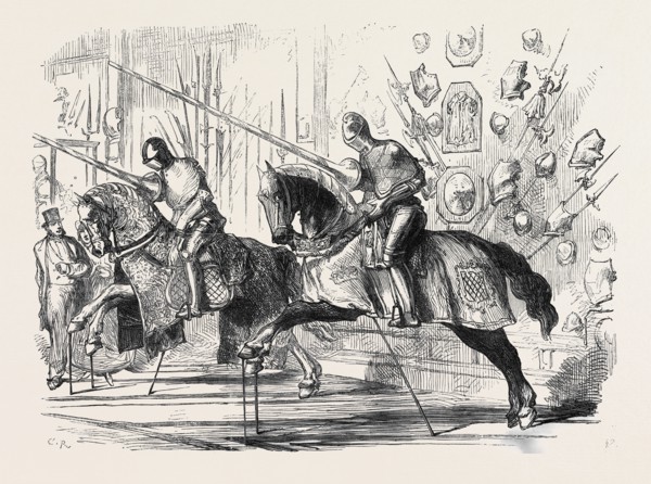 GROUP FROM THE MEYRICK COLLECTION OF ARMOUR, IN THE SOUTH KENSINGTON MUSEUM, LONDON, UK, 1869
