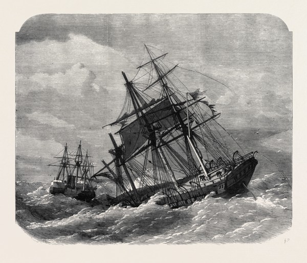 THE LATE COLLISION OFF THE LIZARD: H.M.S. TERRIBLE TOWING THE CALCUTTA INTO PLYMOUTH, 1869