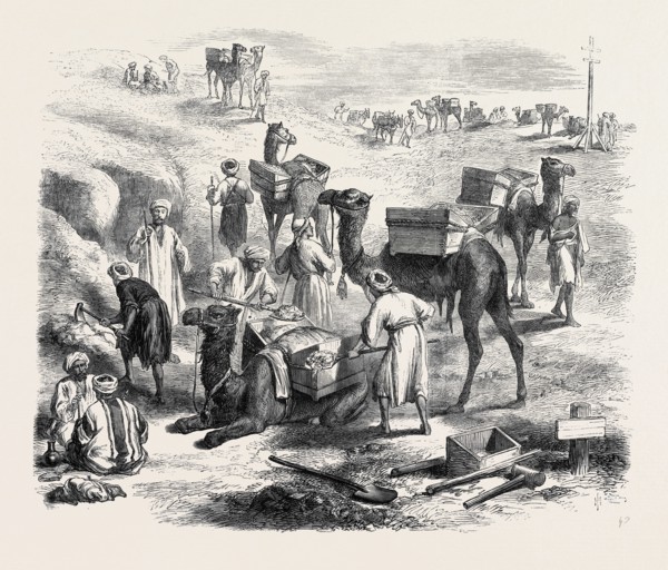 THE ISTHMUS OF SUEZ MARITIME CANAL: WORKMEN LOADING DROMEDARIES, 1869
