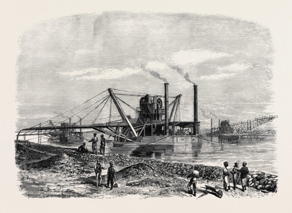 THE ISTHMUS OF SUEZ MARITIME CANAL: DREDGES AND ELEVATORS AT WORK, 1869