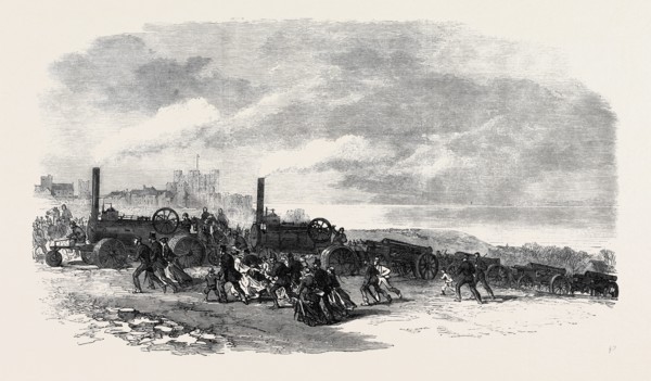 THE VOLUNTEER REVIEW AT DOVER: TRACTION ENGINES BRINGING VOLUNTEER ARTILLERY INTO POSITION, UK,