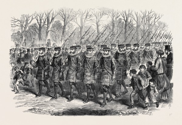 THE ROYAL DRAWINGROOM: YEOMEN OF THE GUARD MARCHING TO BUCKINGHAM PALACE, UK, 1869