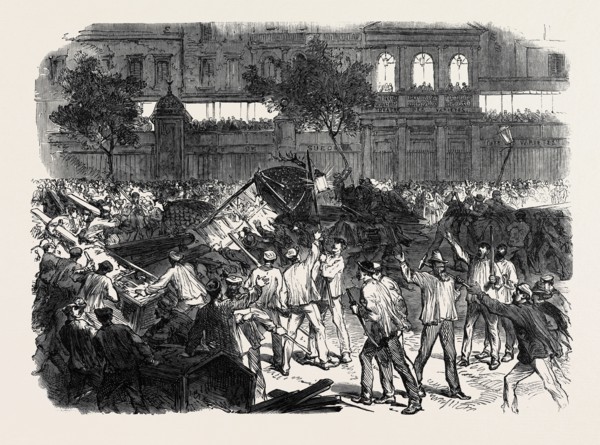 THE DISTURBANCES IN PARIS: THE MOB ATTEMPTING TO CONSTRUCT A BARRICADE ON THE BOULEVARD MONTMARTRE,