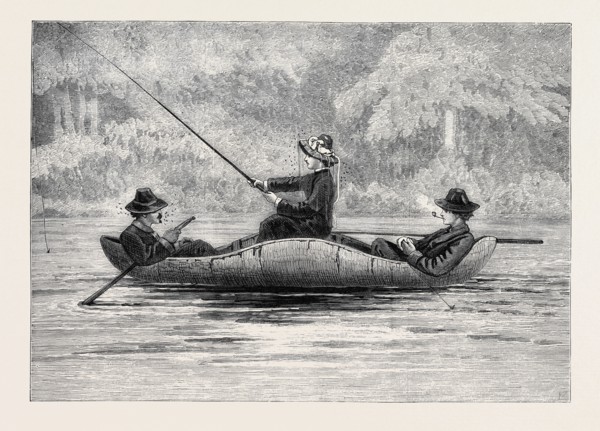 FISHING ON THE RISTIGOUCHE, IN CANADA: DRAWING BY PRINCESS LOUISE, IN THE EXHIBITION OF THE SOCIETY