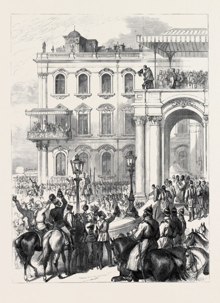 THE EMPEROR OF RUSSIA BOWING TO THE PEOPLE FROM THE SOLTYKOFF BALCONY OF THE WINTER, ST.