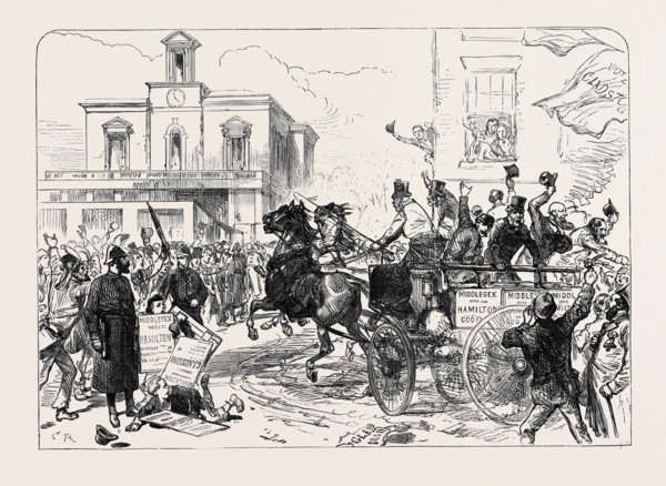 THE GENERAL ELECTION: THE MIDDLESEX ELECTION: TWO MINUTES TO FIVE, AT BRENTFORD, 1880