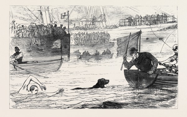 SWIMMING MATCH BETWEEN A DOG AND A MAN, 1880