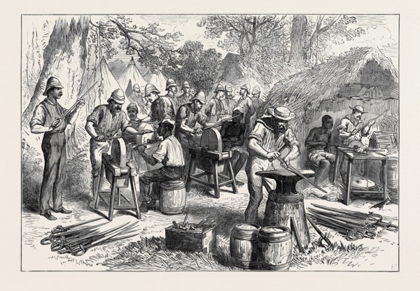 THE ASHANTEE WAR: SHARPENING CUTLASSES IN THE CAMP AT PRAH-SU, 1874
