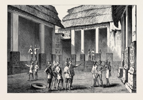 THE ASHANTEE WAR: INTERIOR OF THE ADANSI CHIEF'S PALACE AT FOMANNAH: ENGLISH OFFICERS SELECTING