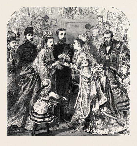 ARRIVAL OF THE DUKE AND DUCHESS OF EDINBURGH AT GRAVESEND: MISS LAKE PRESENTING A BOUQUET TO THE