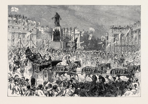 THE ROYAL ENTRY INTO LONDON: THE PROCESSION PASSING THE GUARDS' MEMORIAL, WATERLOO PLACE, 1874