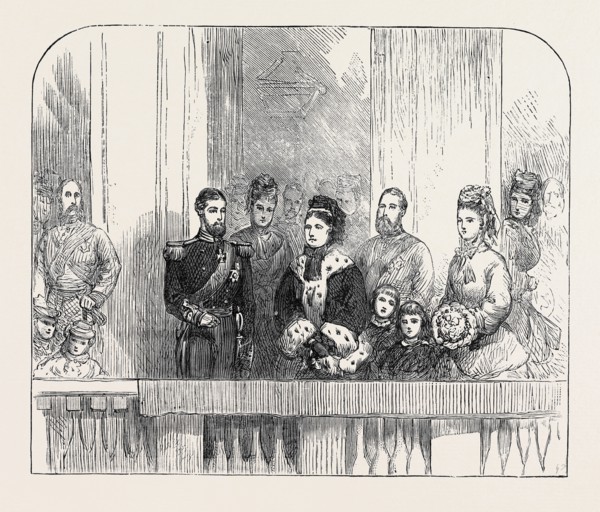 THE QUEEN AND DUKE AND DUCHESS OF EDINBURGH AT THE BALCONY AT BUCKINGHAM PALACE, LONDON, 1874