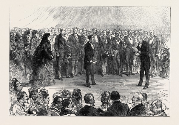 THE MAJORITY OF THE PRINCE IMPERIAL: THE DUC DE PADOUE READING THE ADDRESS AT CAMDEN PLACE,