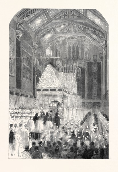 THE REMAINS OF THE LATE EARL OF SHREWSBURY LYING IN STATE, IN ST. PETER'S CHAPEL, ALTON TOWERS,