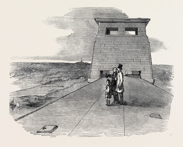 PRINCE ALBERT, THE PRINCE OF WALES, AND MR. STEPHENSON, UPON THE ROOF OF THE BRITANNIA TUBULAR