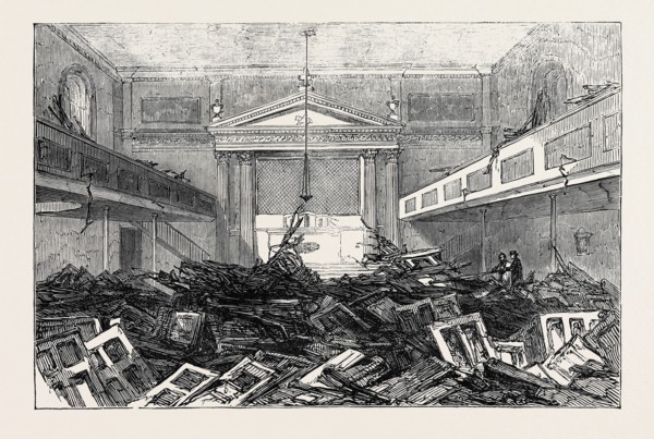 THE RIOT AT STOCKPORT: INTERIOR OF THE ROMAN CATHOLIC CHAPEL AT EDGELEY, 1852