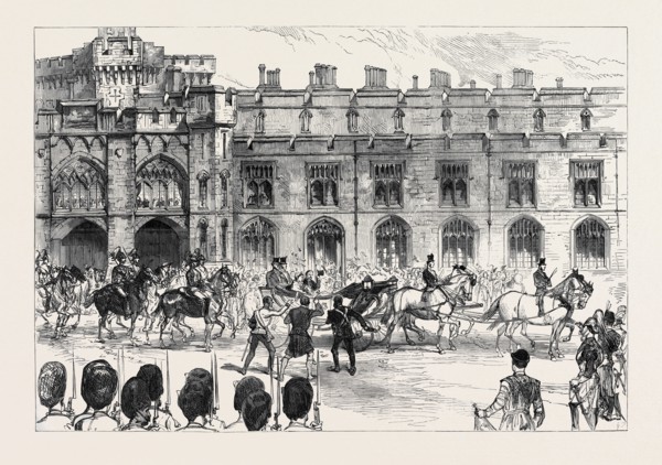 THE ROYAL WEDDING AT WINDSOR: DEPARTURE OF THE BRIDE AND BRIDEGROOM FOR CLAREMONT, 1879