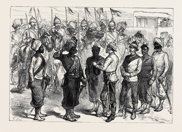 THE AFGHAN WAR: DECORATING A NATIVE SOLDIER WITH THE ORDER OF BRITISH INDIA, AT KHELAT-I-GHILZAI,
