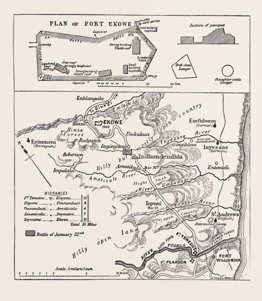 MAP OF LORD CHELMSFORD'S ROUTE TO THE RELIEF OF EKOWE, AND PLAN OF THE FORT, 1879