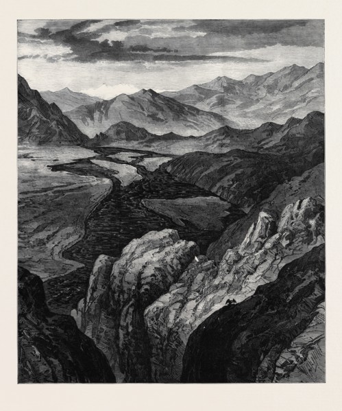 AFGHANISTAN: THE CABUL RIVER: GORGE WHERE IT ENTERS THE PLAIN OF JELLALABAD, THE HINDOO KOOSH IN