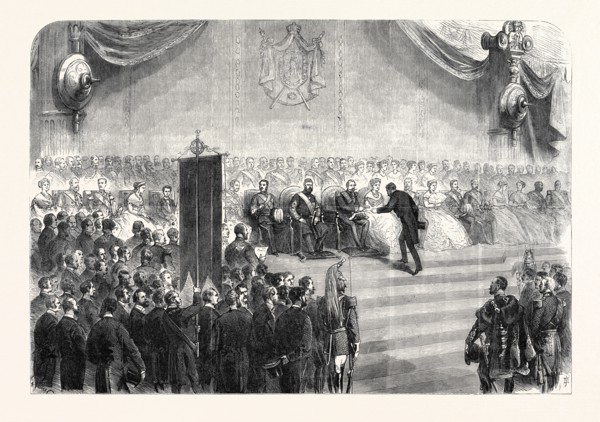 THE EMPEROR NAPOLEON DISTRIBUTING THE PRIZES OF THE PARIS EXHIBITION, FRANCE, 1867