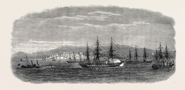 THE CAPTURED GREEK BLOCKADE-RUNNER ARKADI, TOWED UP THE DARDANELLES, 1867