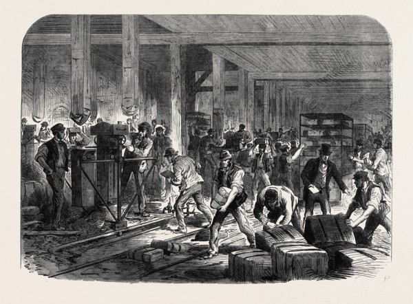 THE BRITISH EXPEDITION TO ABYSSINIA: PREPARING COMPRESSED FORAGE AT THE GLOBE WHARF, REGENT'S