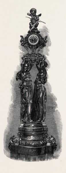 TWO FEMALE FIGURES HOLDING A CLOCK, BY THE COMPAGNIE DES MARBRES ONYX D'ALGERIE, EXHIBITED BY G.