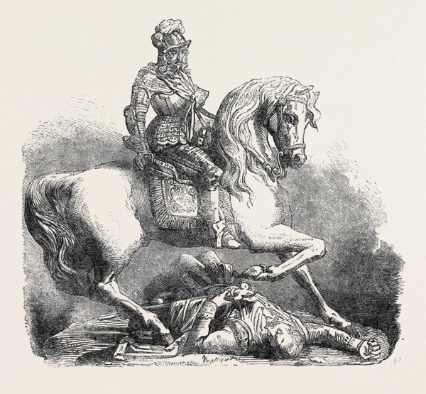 THE INTERNATIONAL EXHIBITION: "CHARLES I. AND HIS STANDARD-BEARER," IN ALUMINIUM, EXHIBITED BY BELL