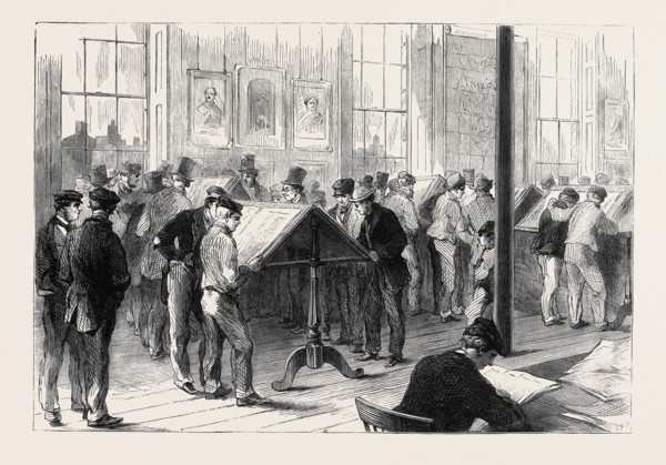 THE COTTON FAMINE: OPERATIVES READING THE LATEST NEWS FROM AMERICA, A SCENE IN CAMPFIELD FREE
