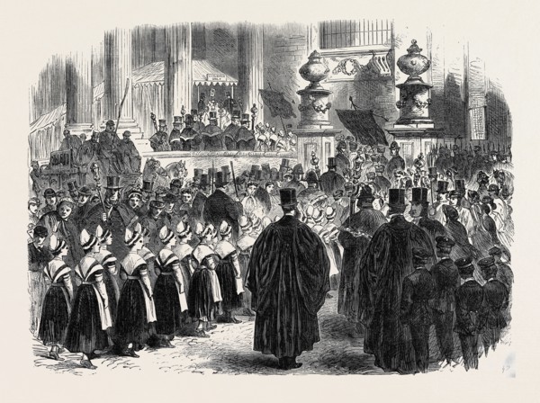 ANNUAL FESTIVAL OF CHARITY CHILDREN IN ST. PAUL'S CATHEDRAL: THE SOUTH DOOR, 1866, LONDON, UK